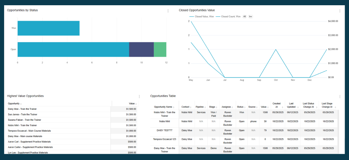 BlinkMetrics pipeline dashboard for GoHighLevel — opportunities by status, closed-value over time, and an opportunities table with last status- and stage-change dates