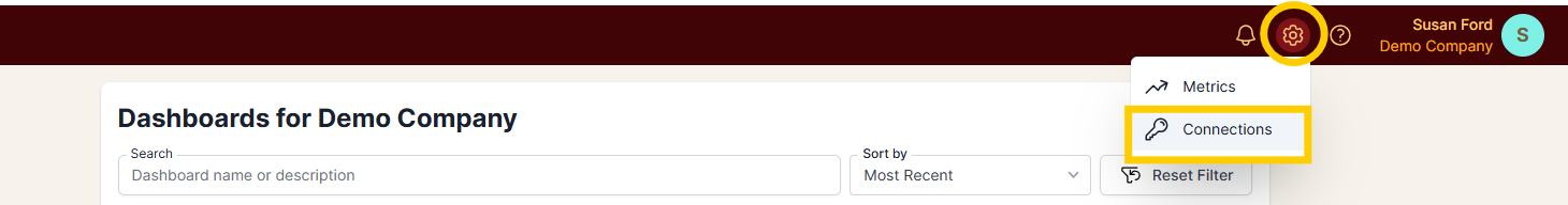Settings menu opened with the Connections menu item highlighted.