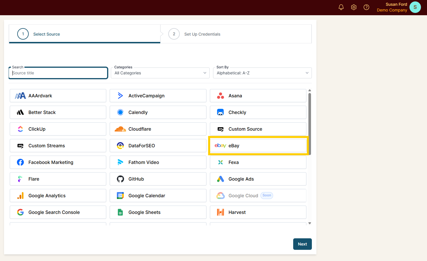 eBay selected as a Source in the Connection stepper interface.