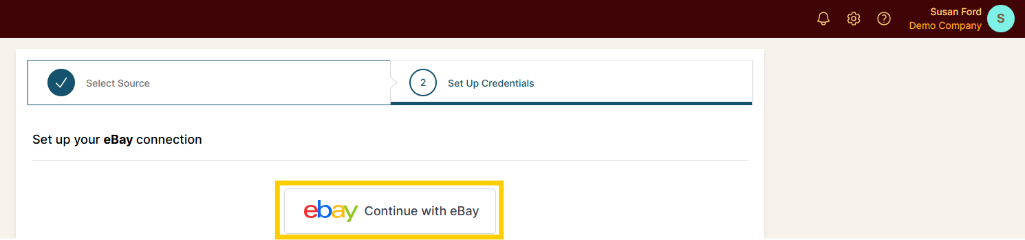 Set Up Credentials step with the "Continue with eBay" button highlighted.