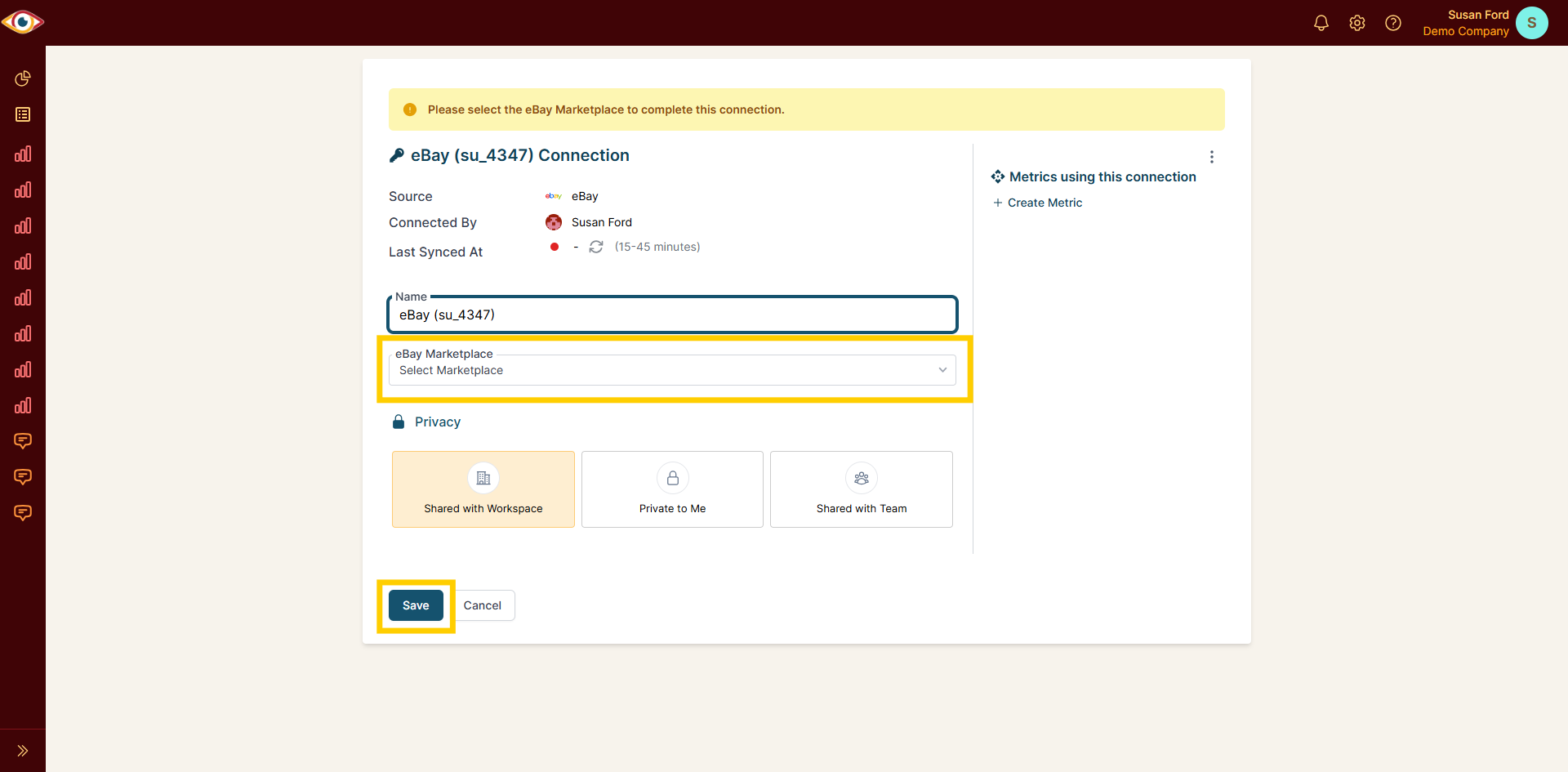 eBay Connection detail page with the eBay Marketplace dropdown and Save button highlighted.