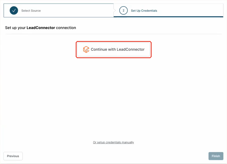 Set Up Credentials step with the Continue with LeadConnector button highlighted.