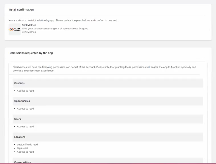 GoHighLevel Install confirmation page for the BlinkMetrics app.