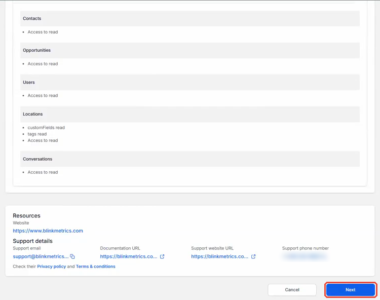 Bottom of the permissions page with the Next button highlighted.