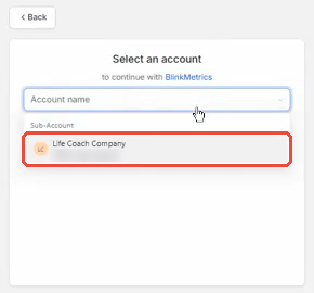 Select an account screen with a sub-account highlighted.