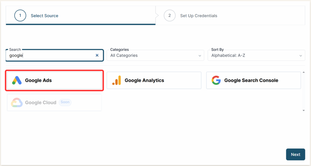 Google Ads selected as a Source in the Connection stepper interface.