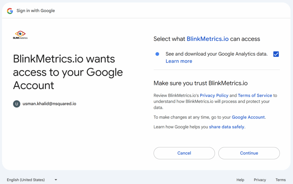 Sign in with Google to authorize BlinkMetrics.