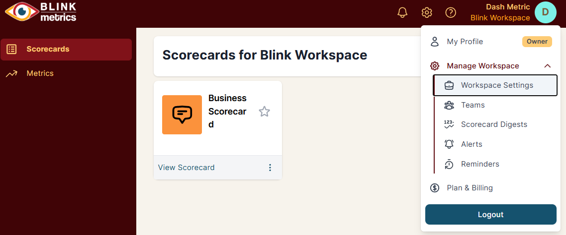 Workspace dropdown menu with Manage Workspace expanded