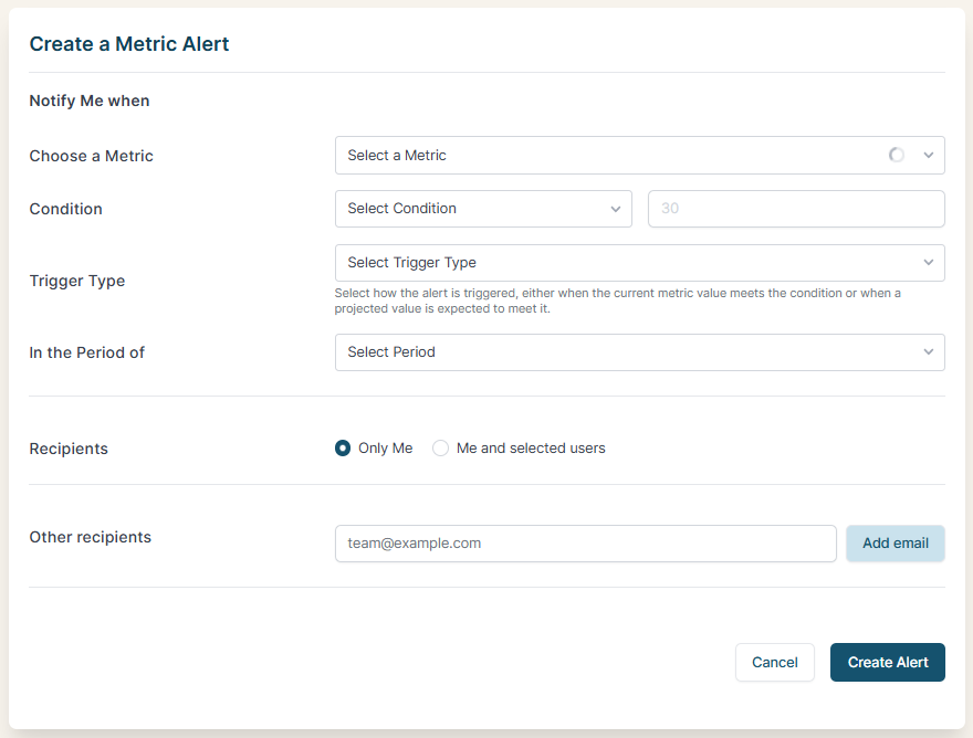 Create a Metric Alert form