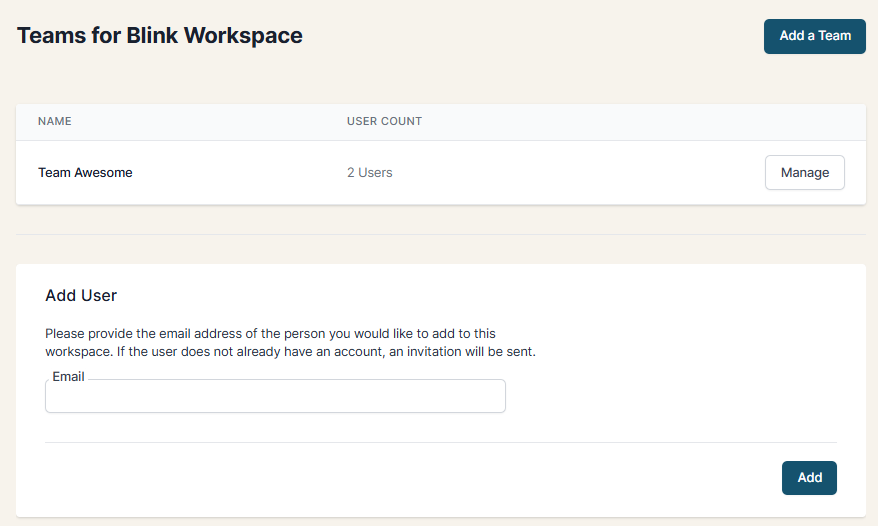 Teams page showing team list, invitations, and users