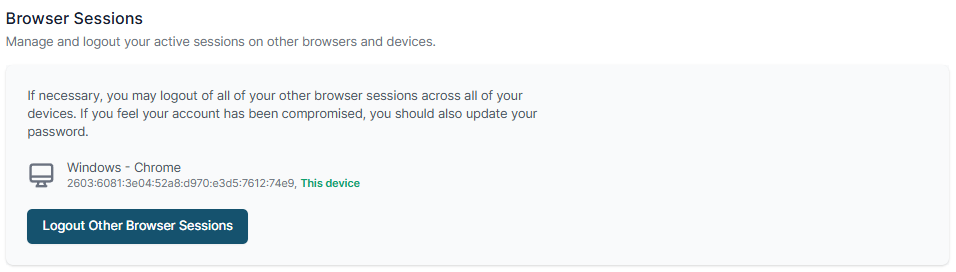 Browser Sessions section listing the current device with the Logout Other Browser Sessions button