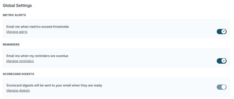 Global Settings section with Metric Alerts, Reminders, and Scorecard Digests toggles