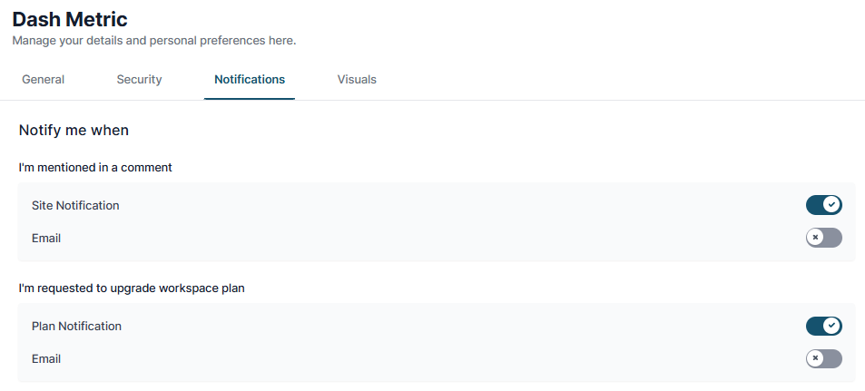 Notifications tab showing the Notify me when toggles for site and email notifications