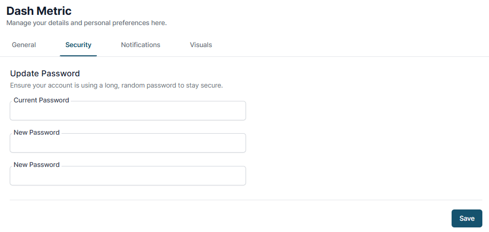 Security tab Update Password section with current and new password fields