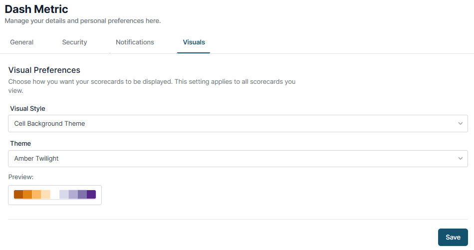 Visuals tab with Visual Style and Theme dropdowns and the color Preview swatch