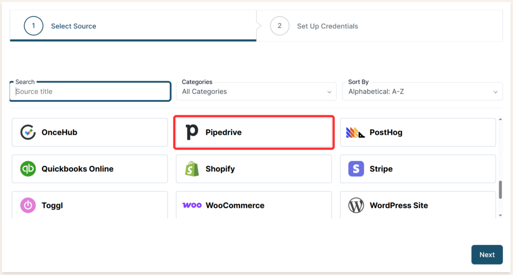 Pipedrive selected as a Source in the Connection stepper interface.
