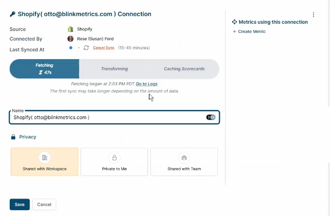 The new Shopify Connection detail page, syncing.