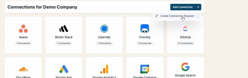 The Add Connection dropdown open, showing the Create Connection Request option.