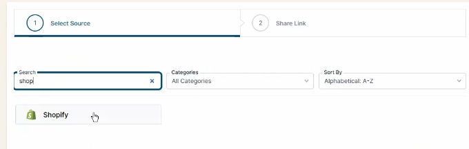 Shopify selected as the Source in the Connection Request stepper.