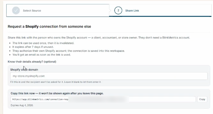 The Share Link step showing the request details and the generated link.