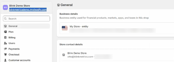 Shopify admin Settings > General, with the .myshopify.com store domain under the store name.