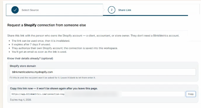 The Share Link step with the store domain filled in and the Copy button.