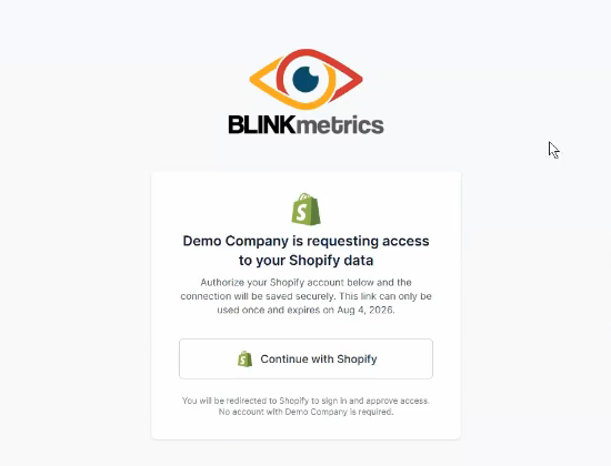The connection request page asking the recipient to authorize access to their Shopify data.