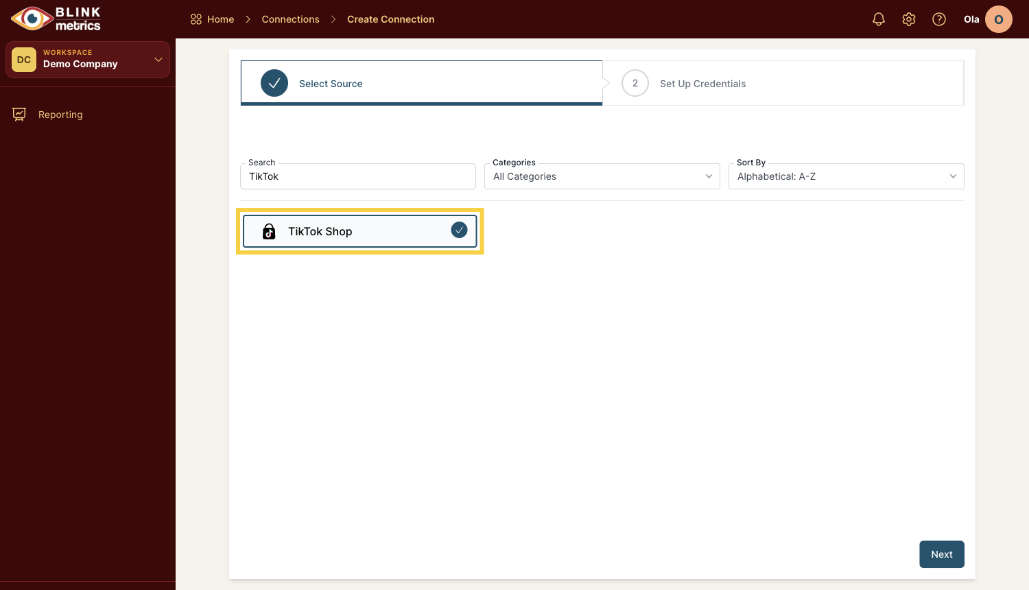 TikTok Shop selected as a Source in the Connection stepper interface.