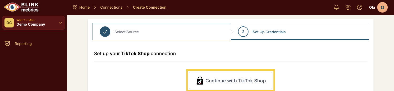 Set Up Credentials step with the "Continue with TikTok Shop" button highlighted.