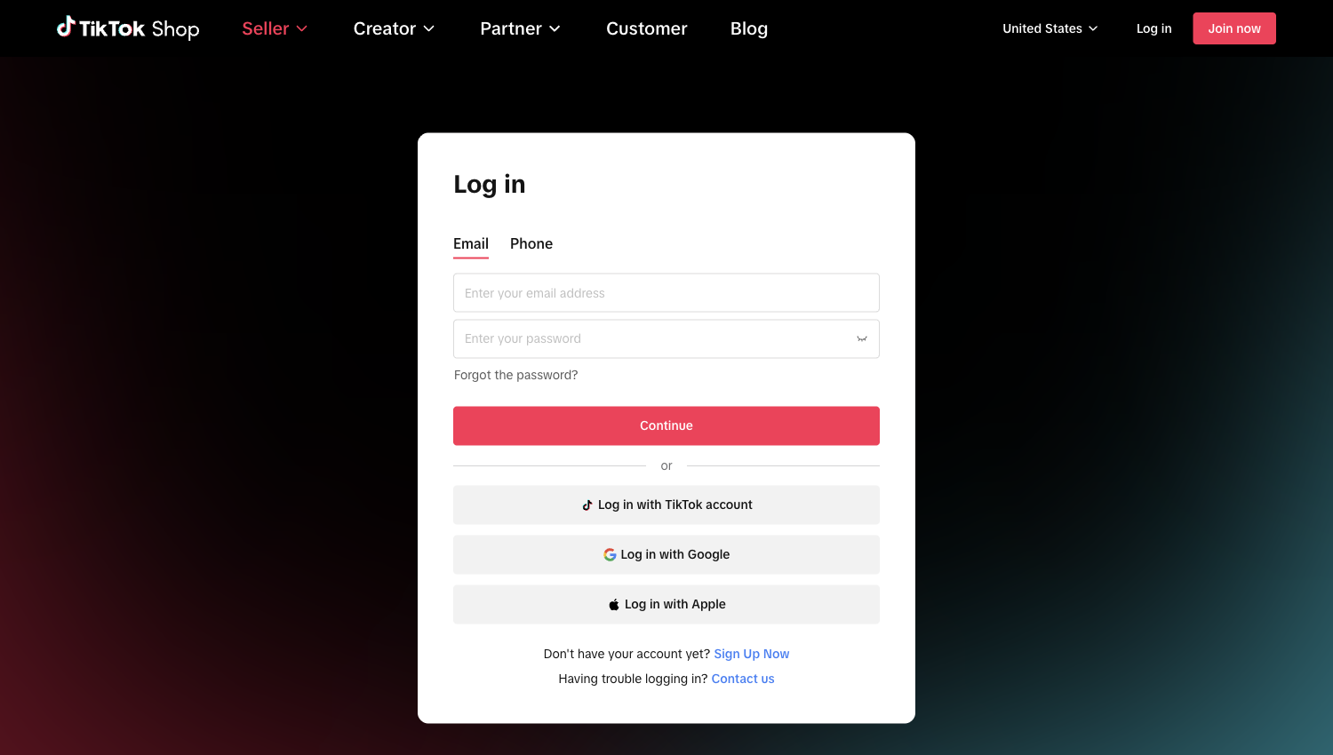 TikTok Shop Seller Center Log in page.