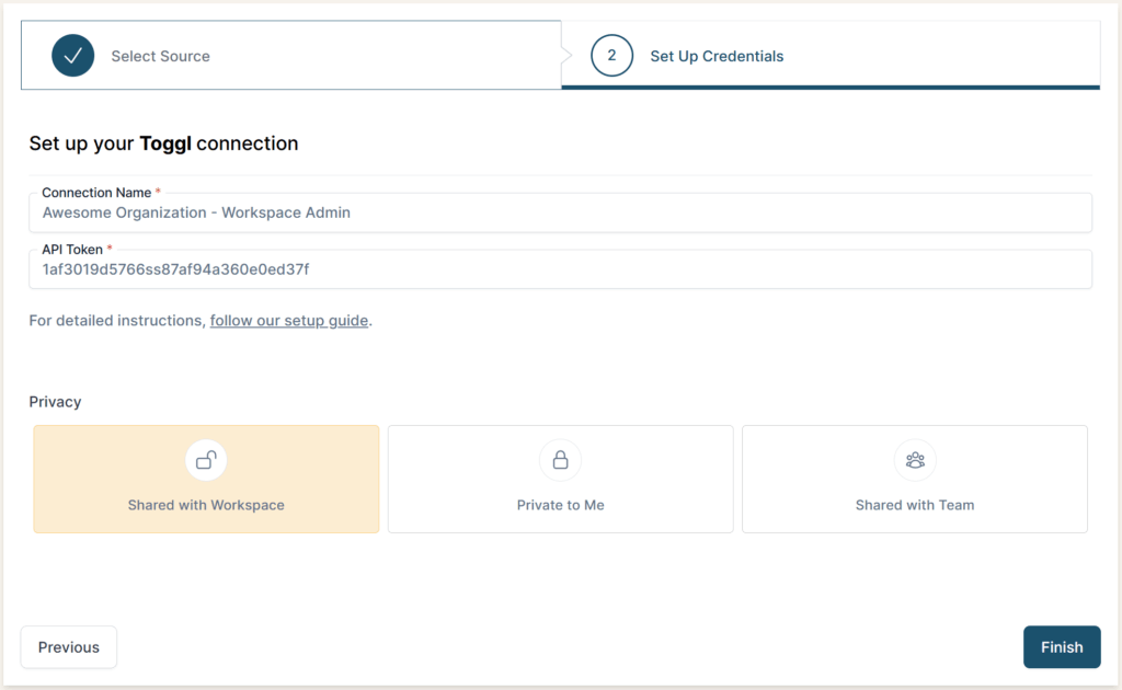 API key to be pasted under API Token option for Toggl connection.
