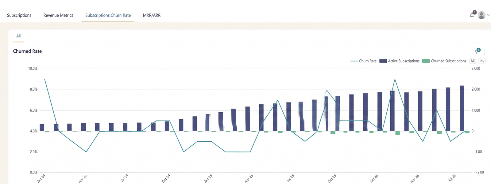 Stripe subscription churn-rate dashboard tracking churn rate against active and churned subscriptions by month