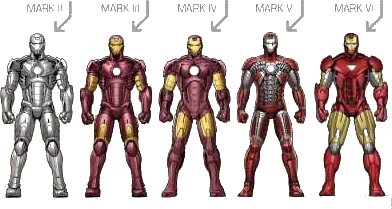 Iron Man armor marks two through six, each labeled, growing more capable.