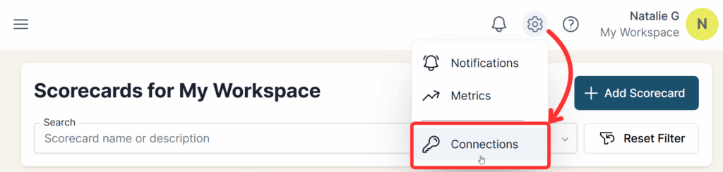 Settings menu opened with the Connections menu item highlighted.