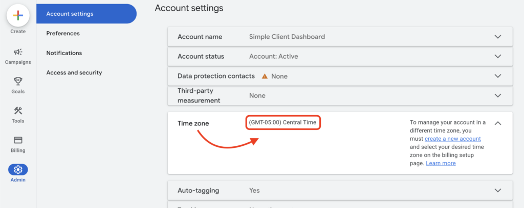 Google Ads Admin Account Settings Interface showing the Time Zone tab opened and highlighting "GMT-05:00 Central Time".