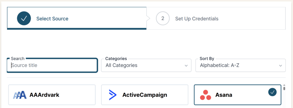 Asana selected as a Source in the Connection stepper interface.