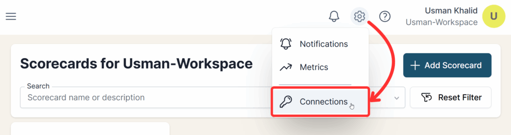 Settings menu opened with the Connections menu item highlighted.