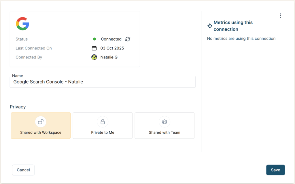 Connection detail page showing overview and editing options. And a message is shown, "Connection Created Successfully."