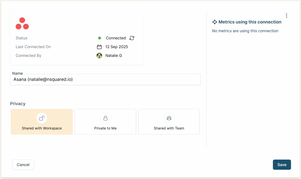 Connection detail page for Asana showing the Name and privacy options.