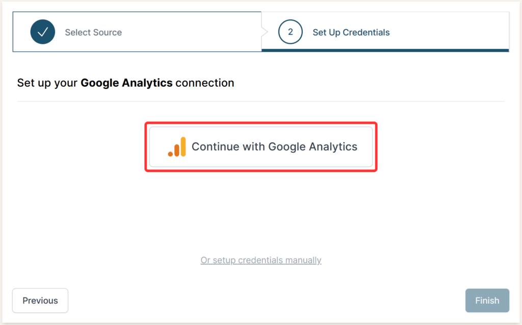 Continue with Google Analytics authorization button highlighted in the Set Up Credentials tab.