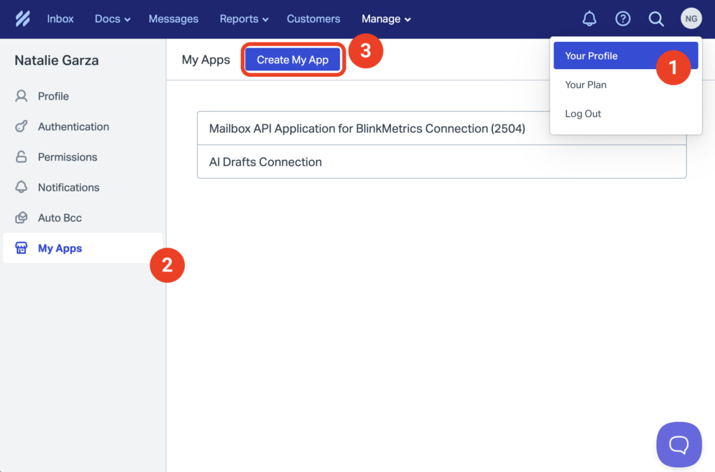 Screenshot of the Help Scout interface with all of the navigational steps highlighted with corresponding numbers.