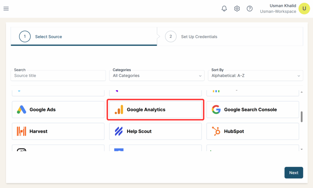 Google Analytics selected as a Source in the Connection stepper interface.