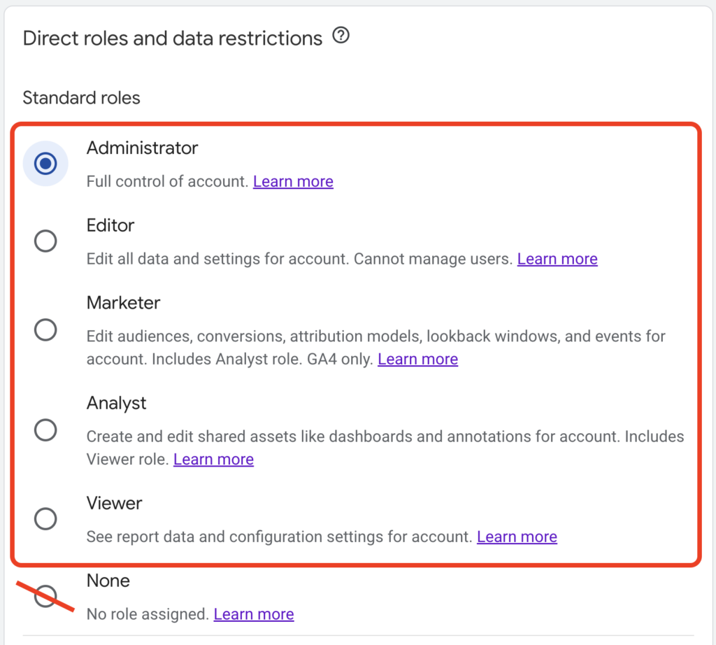 Google Analytics role and data restriction settings for a user, the "None" role is highlighted along with a prohibited symbol.