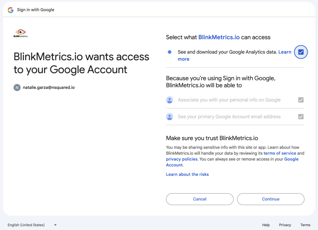 Sign in with Google to authorize BlinkMetrics.