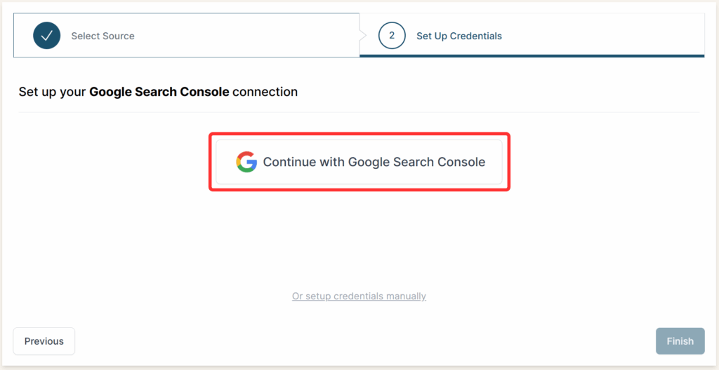 Continue with Google Search Console authorization button highlighted in the Set Up Credentials tab.