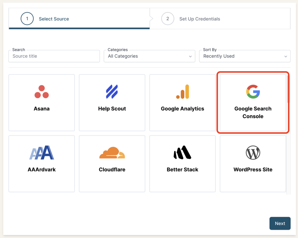 Google Search Console selected as a Source in the Connection stepper interface.