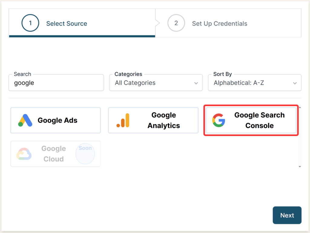 Google Search Console selected as a Source in the Connection stepper interface.