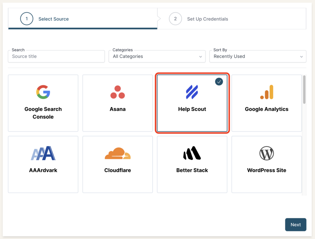 Help Scout selected as a Source in the Connection stepper interface.