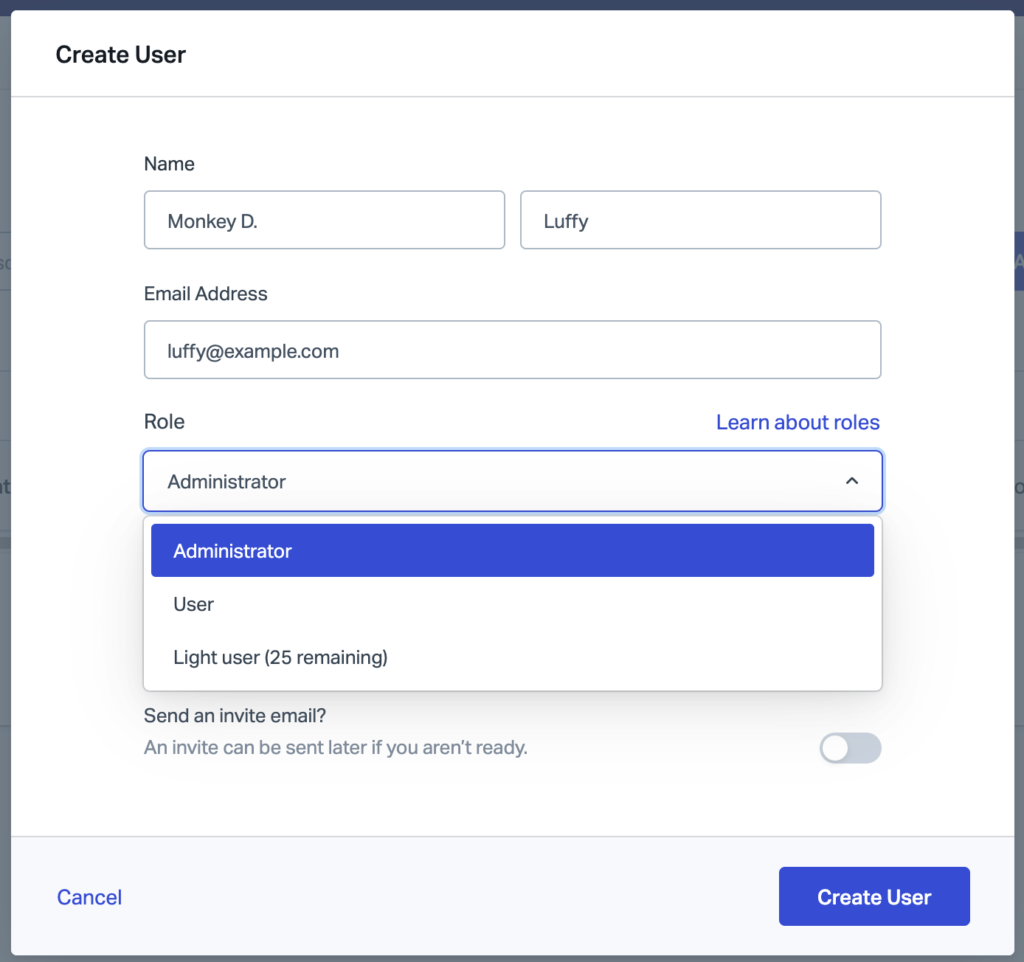 Help Scout's Create User popup with the Role dropdown selection set to Administrator.