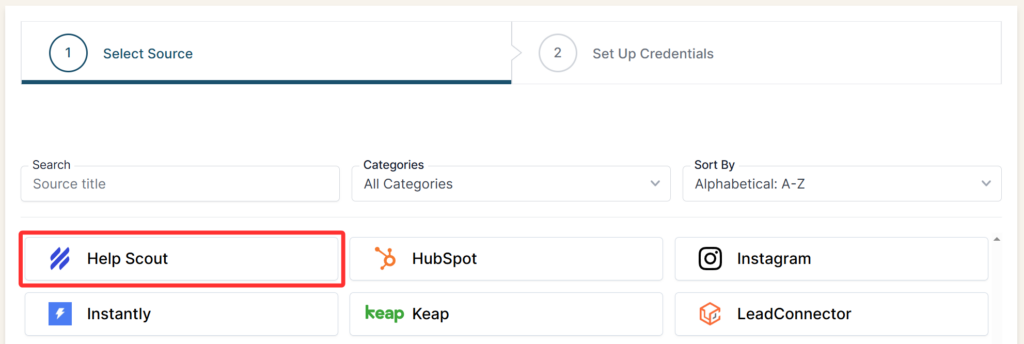 Help Scout selected as a Source in the Connection stepper interface.
